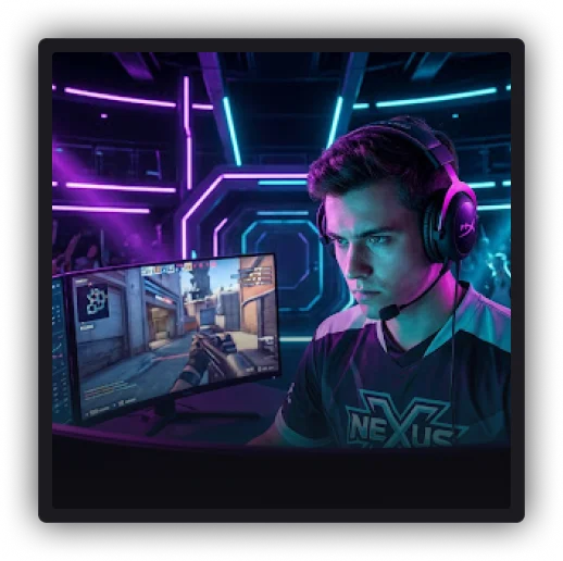 Jogador profissional focado usando fone de ouvido enquanto joga um jogo de tiro em primeira pessoa em uma sala iluminada por luzes neon roxas e azuis